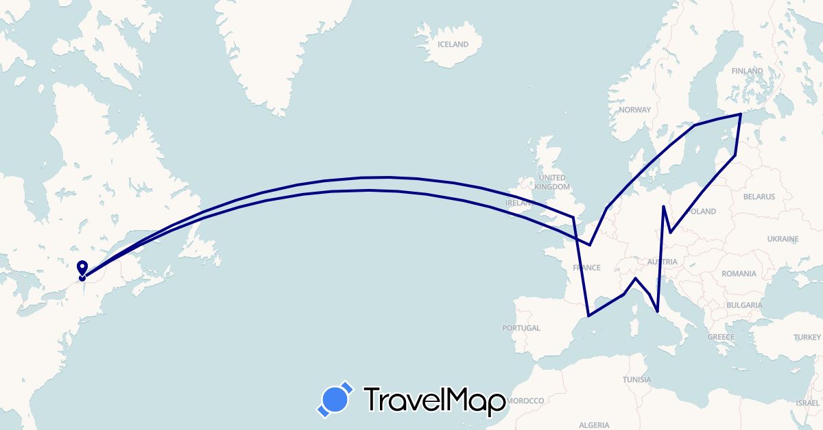 TravelMap itinerary: driving in Canada, Czech Republic, Germany, Estonia, Spain, Finland, France, United Kingdom, Italy, Latvia, Monaco, Netherlands, Sweden (Europe, North America)